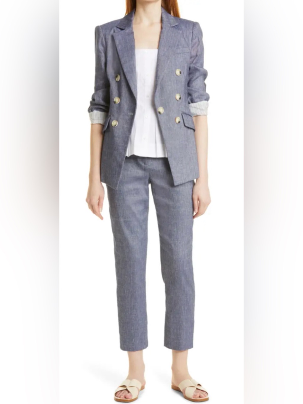 Veronica Beard Blue Chambray Renzo Slim-Leg Pants In Ink Linen